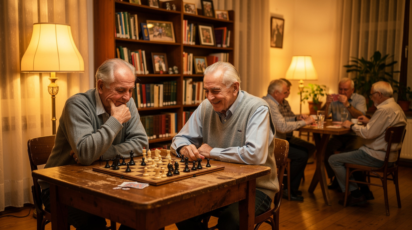Croatian pensioners playing chess and cards at a social club