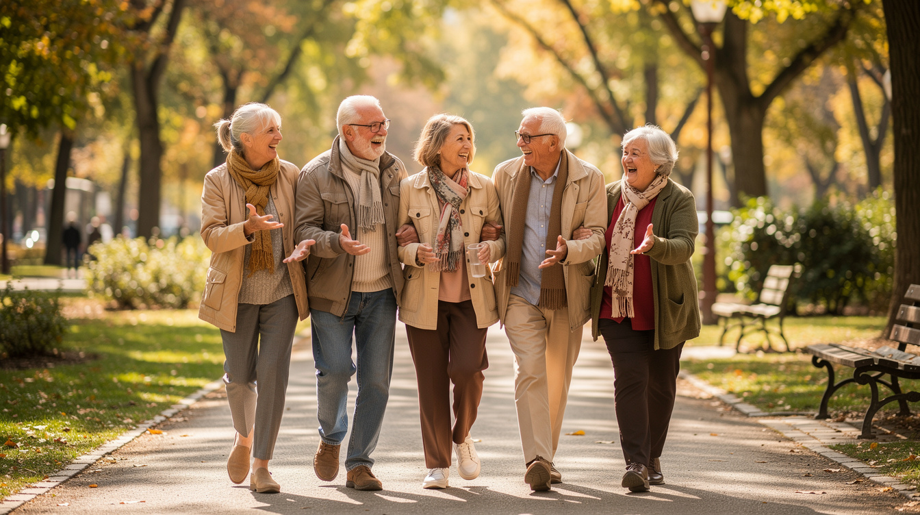 Group of smiling Croatian senior citizens walking together outdoors in a park