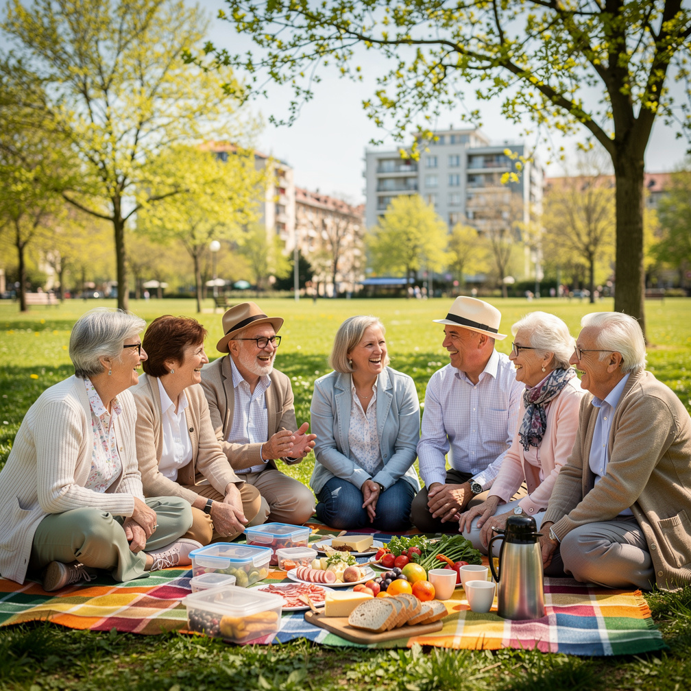 Croatian seniors on a spring picnic outing in a park