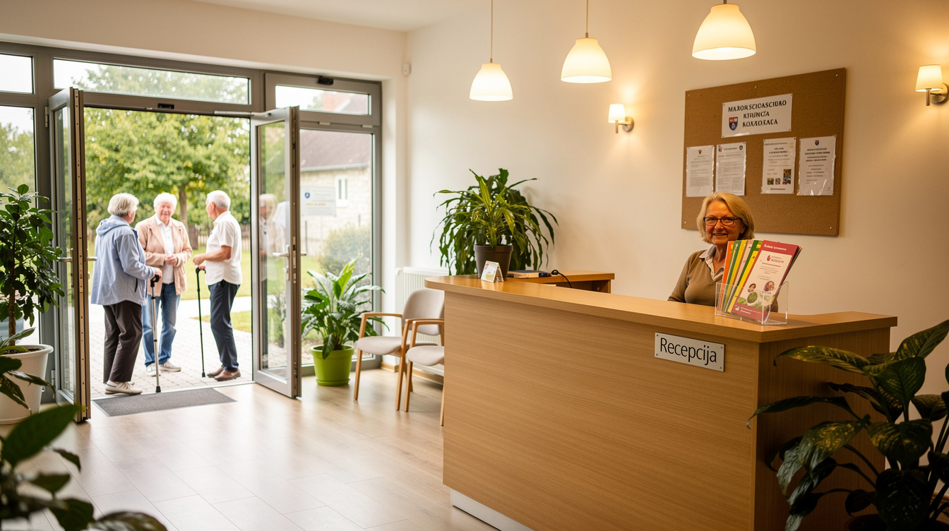 Bright community center reception area with seniors chatting